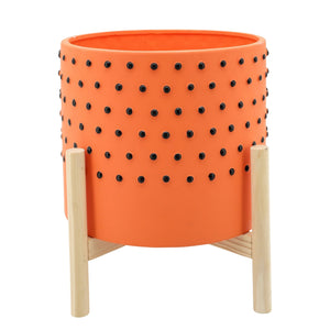 10" DOTTED PLANTER WITH WOOD STAND ORANGE - Versatile Home