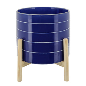 10" STRIPED PLANTER WITH WOOD STAND NAVY - Versatile Home
