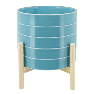 10" STRIPED PLANTER WITH WOOD STAND SKY-BLUE - Versatile Home