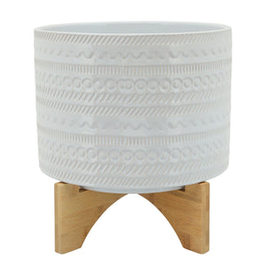 10" TRIBAL PLANTER WITH WOOD STAND WHITE - Versatile Home