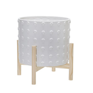 12" CERAMIC DOTTED PLANTER WITH WOOD STAND WHITE - Versatile Home