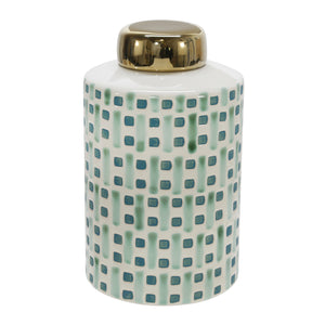 CERAMIC 9" JAR WITH GOLD LID GREEN/WHITE