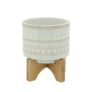 5" TRIBAL PLANTER WITH WOOD STAND BEIGE - Versatile Home