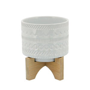 5" TRIBAL PLANTER WITH WOOD STAND WHITE - Versatile Home