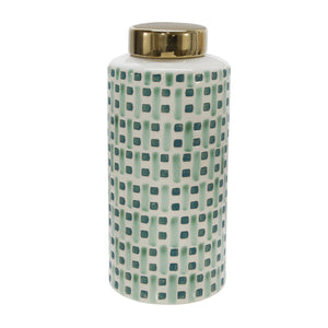 CERAMIC 13" JAR WITH GOLD LID GREEN/WHITE
