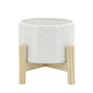 6" CERAMIC DOTTED PLANTER WITH WOOD STAND WHITE - Versatile Home