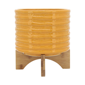 CERAMIC 8" TEXTURED PLANTER WITH STAND MUSTARD