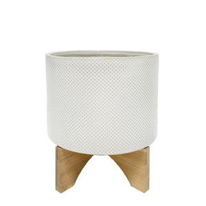 CERAMIC 5" PLANTER ON STAND WHITE/TAN DOT