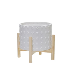 8" CERAMIC DOTTED PLANTER WITH WOOD STAND WHITE - Versatile Home