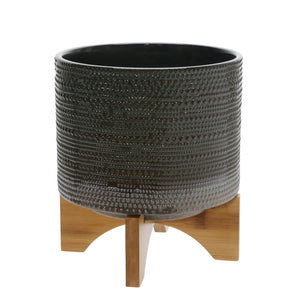 8" DOTTED PLANTER WITH WOOD STAND GREEN - Versatile Home