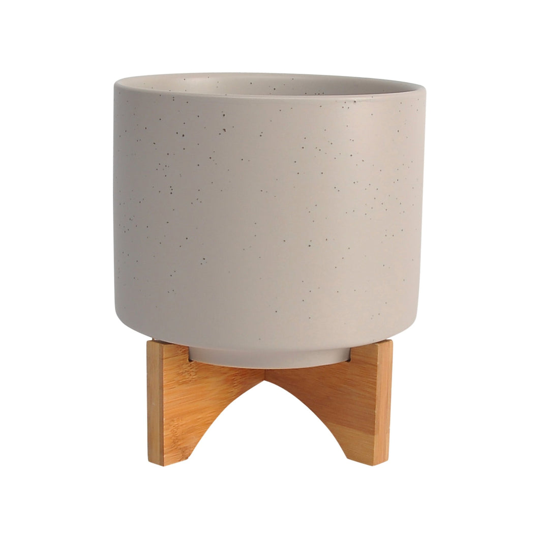 8” PLANTER WITH WOOD STAND MATTE BEIGE - Versatile Home