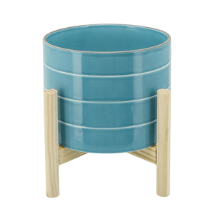 8" STRIPED PLANTER WITH WOOD STAND SKY-BLUE - Versatile Home