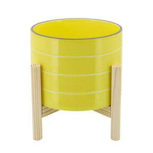 8" STRIPED PLANTER WITH WOOD STAND YELLOW - Versatile Home