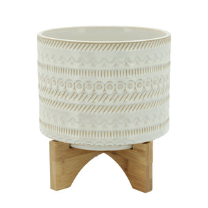 8" TRIBAL PLANTER WITH WOOD STAND BEIGE - Versatile Home
