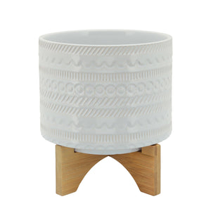 8" TRIBAL PLANTER WITH WOOD STAND WHITE - Versatile Home