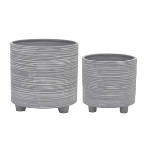 (SET OF 2) FOOTED PLANTER WITH LINES 6/8" GRAY
