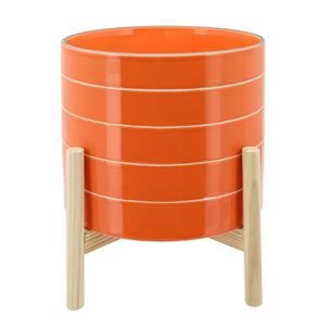 10" STRIPED PLANTER WITH WOOD STAND ORANGE