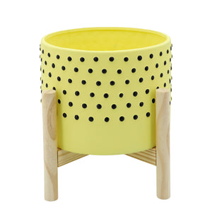 8" DOTTED PLANTER WITH WOOD STAND YELLOW