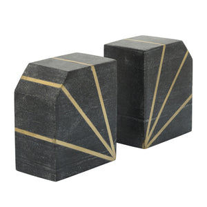 (SET OF 2) MARBLE 5"H POLISHED BOOKENDS WITH GOLD INLAYS BLACK