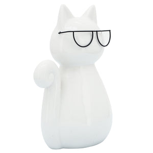 PORCELAIN 7"H CAT WITH GLASSES WHITE