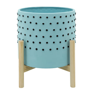 10" DOTTED PLANTER WITH WOOD STAND BLUE