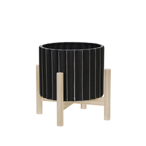 8" CERAMIC FLUTED PLANTER WITH WOOD STAND BLACK