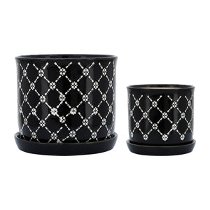 (SET OF 2) 6/8" CHAINED DAISIES PLANTER WITH SAU CERAMIC BLACK