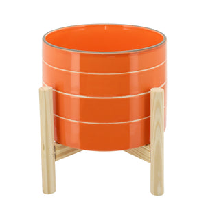 8" STRIPED PLANTER WITH WOOD STAND ORANGE