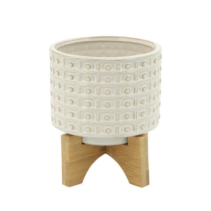 CERAMIC 5" DOTTED PLANTER WITH WOOD STAND IVORY - Versatile Home