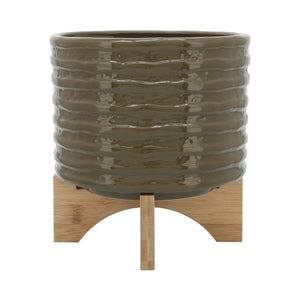 CERAMIC 8" TEXTURED PLANTER WITH STAND OLIVE - Versatile Home