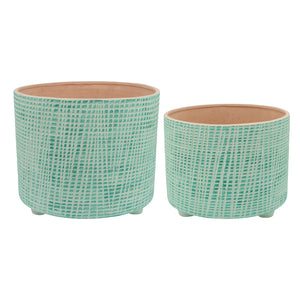 (SET OF 2) 10/12" CHECKERED FOOTED PLANTER GREEN Media 1 