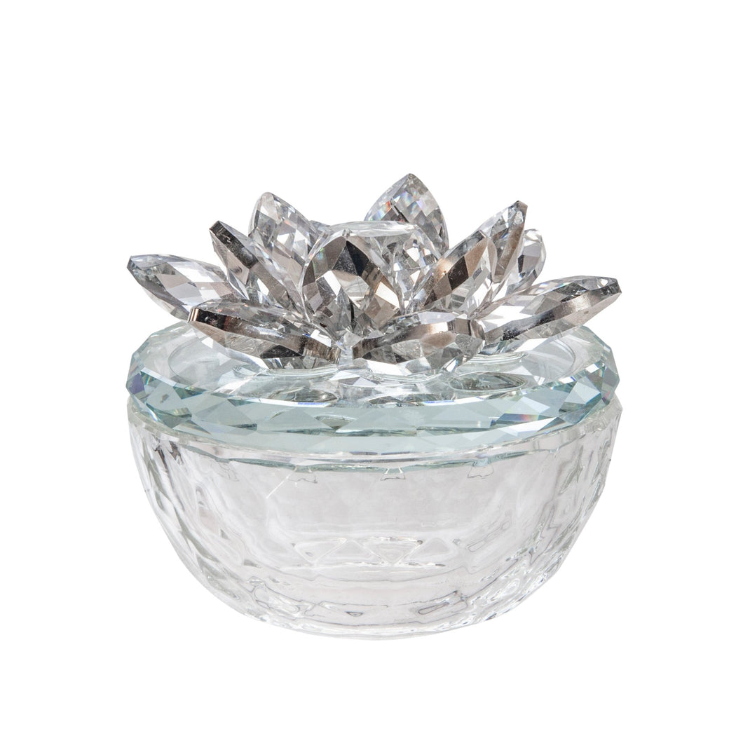 GLASS TRINKET BOX CLEAR WITH SILVER LOTUS TOP - Versatile Home