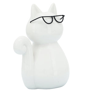PORCELAIN 8"H CAT WITH GLASSES WHITE - Versatile Home