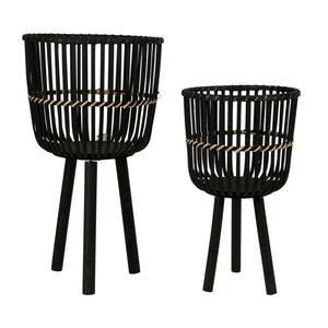 (SET OF 2) BAMBOO FOOTED PLANTERS 10/12" BLACK - Versatile Home