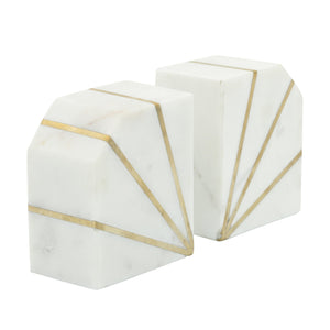 (SET OF 2) MARBLE 5"H POLISHED BOOKENDS WITH GOLD INLAYS WHITE - Versatile Home