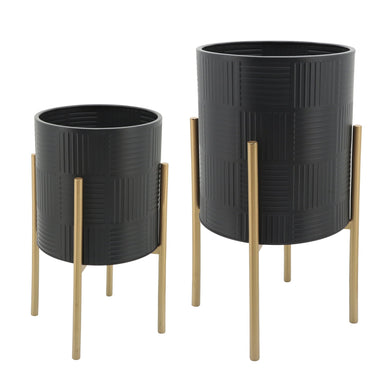 (SET OF 2) PLANTER WITH LINES ON METAL STAND BLACK/GOLD - Versatile Home